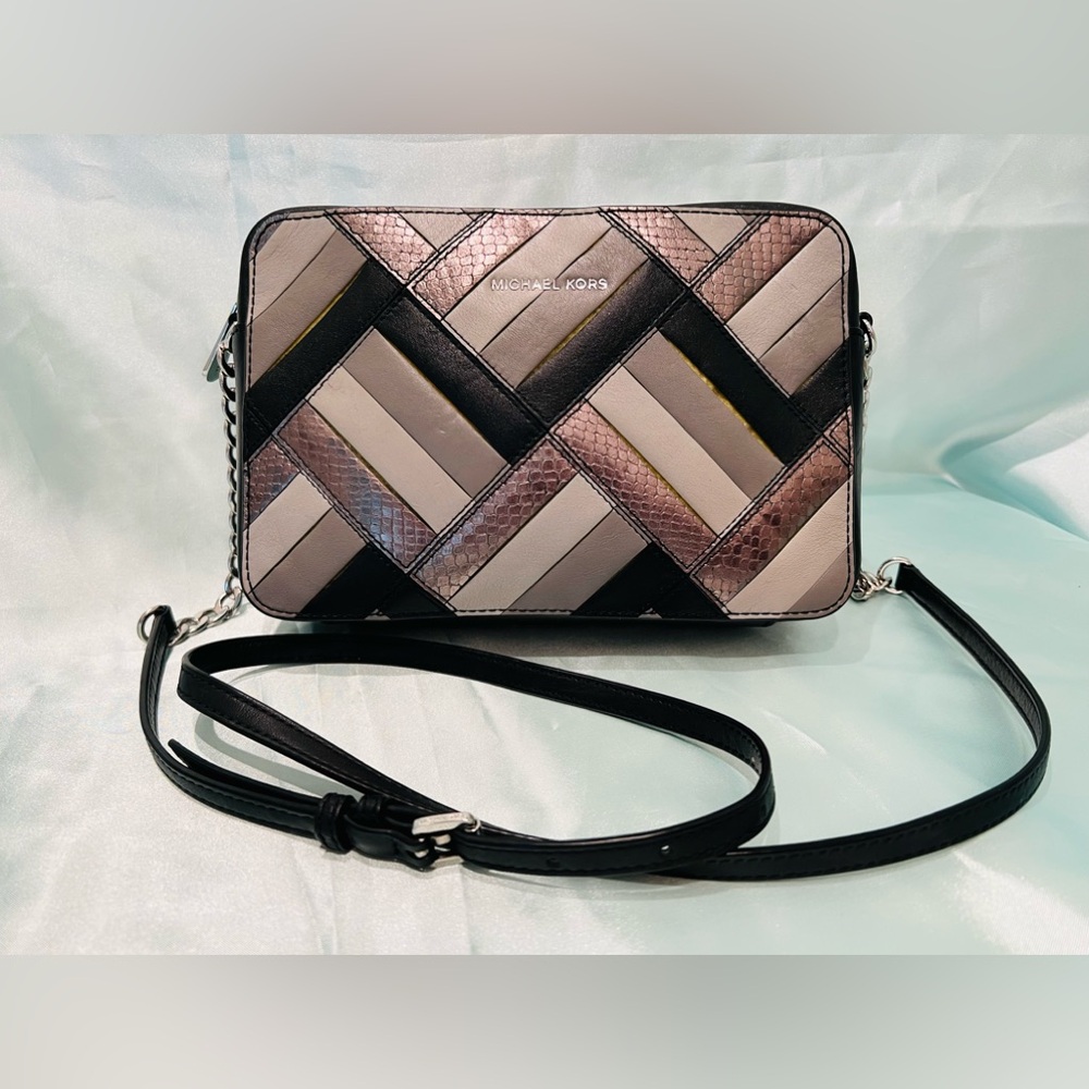 Michael Kors - Black, Gray & Silver Leather Patch Design, Chain, Crossbody Bag